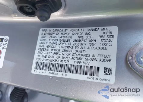 2018 Honda Cr-V Lx z USA, uszkodzony, nr VIN 2HKRW5H35JH411075